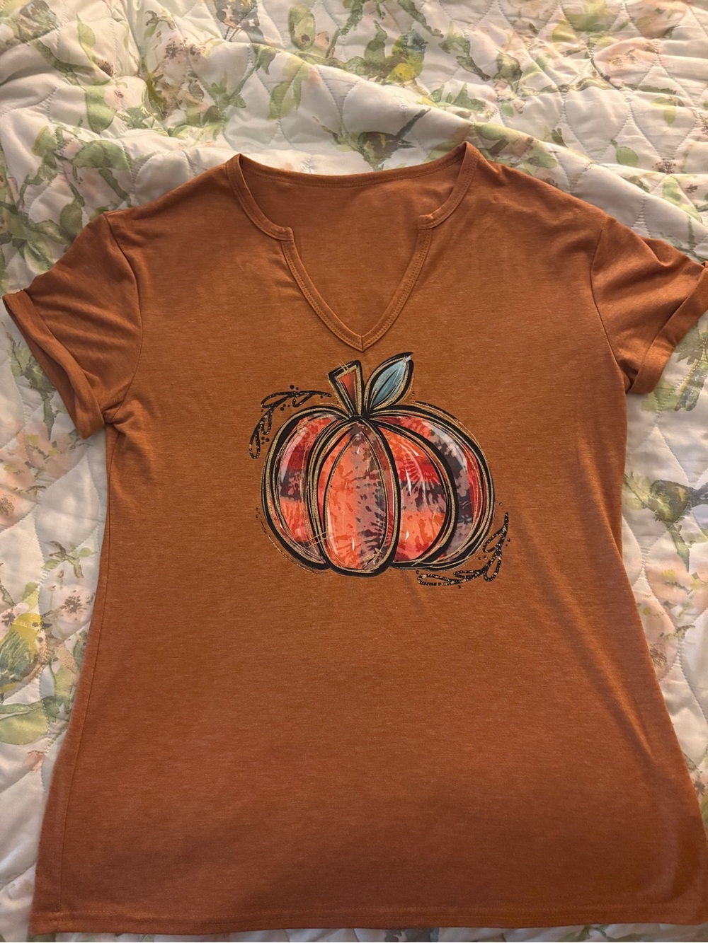 Autumn Pumpkin Graphic V Neck Tee Burnt Orange Fall Cottagecore Medium